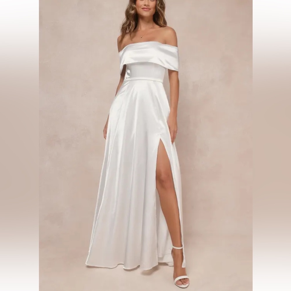 Lulu’s White Off-Shoulder Maxi Satin Wedding Dress